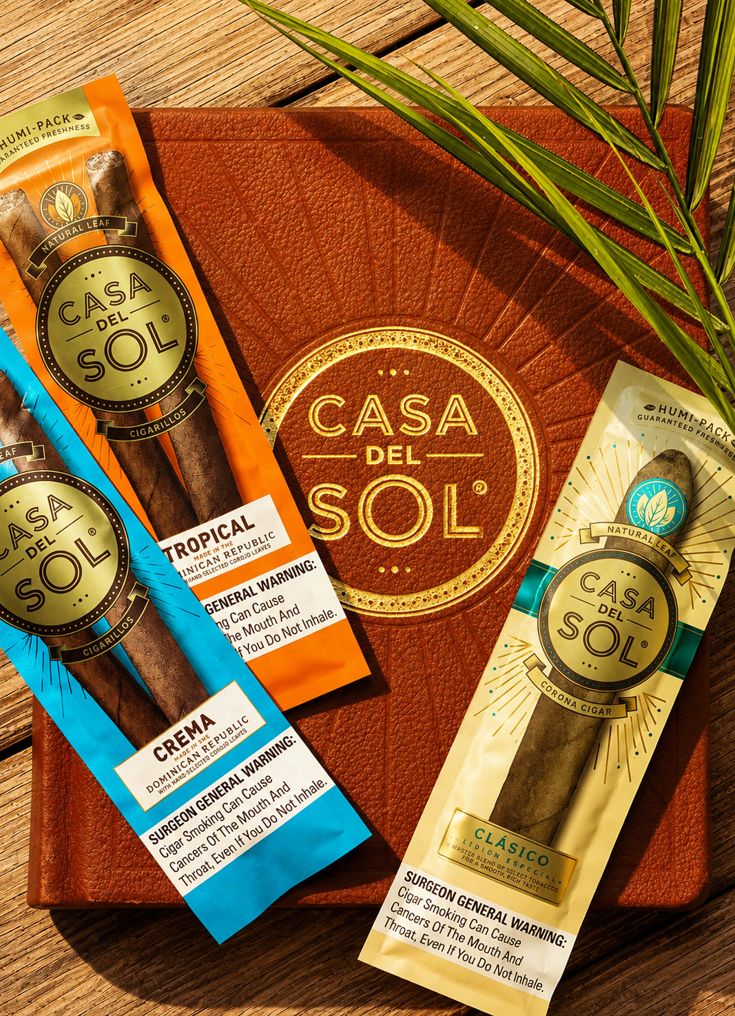 Casa del Sol Humi-Pack packaging — Tropical, Crema, and Clásico