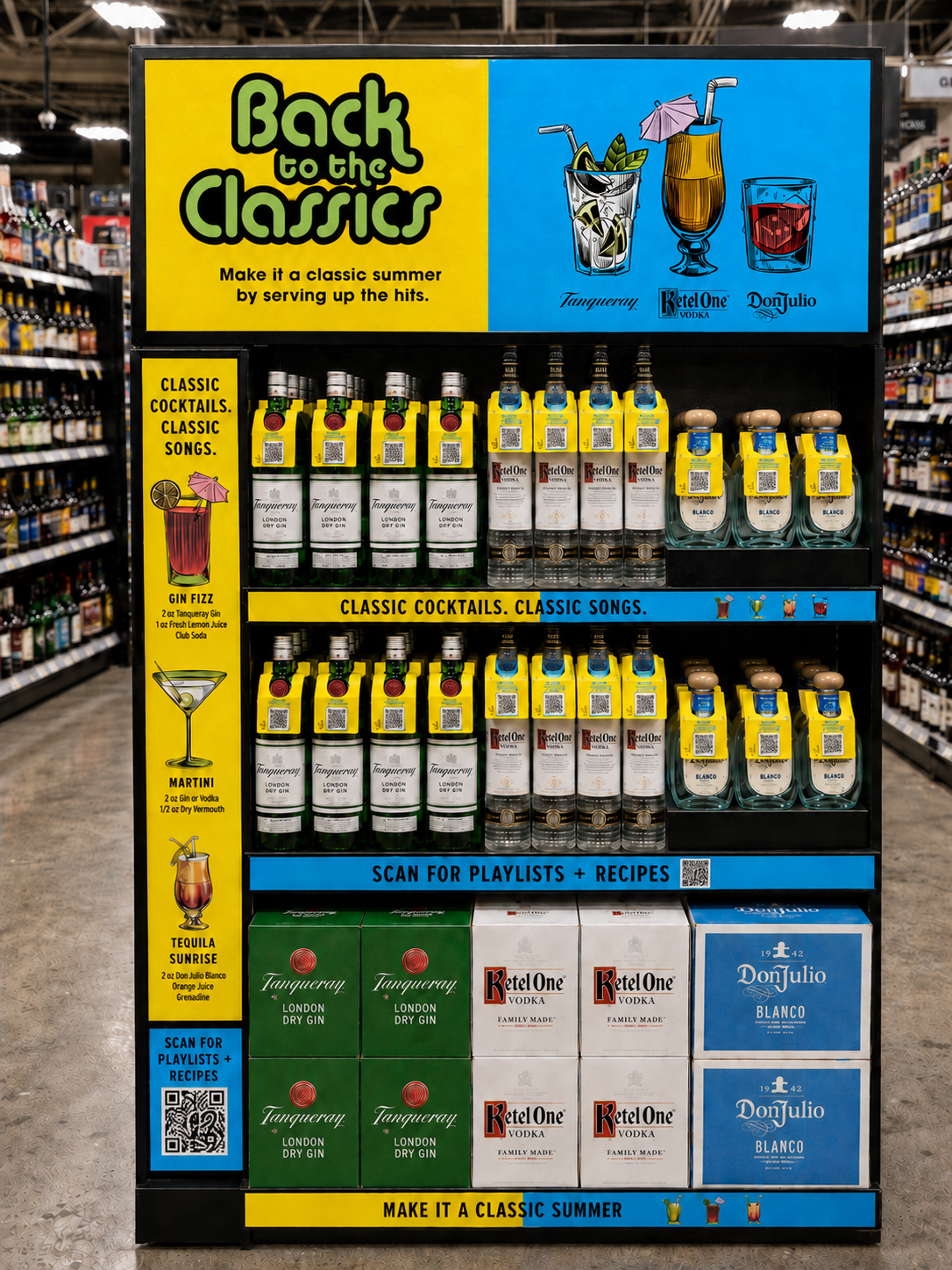 Back to the Classics retail endcap with Tanqueray, Ketel One, and Don Julio