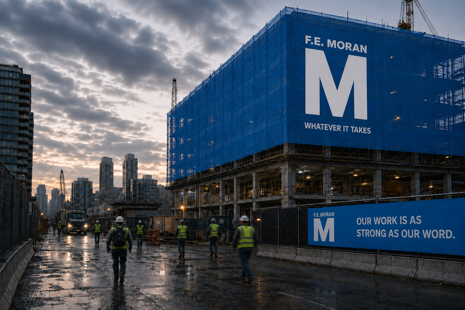 F.E. Moran construction site building wrap at dawn