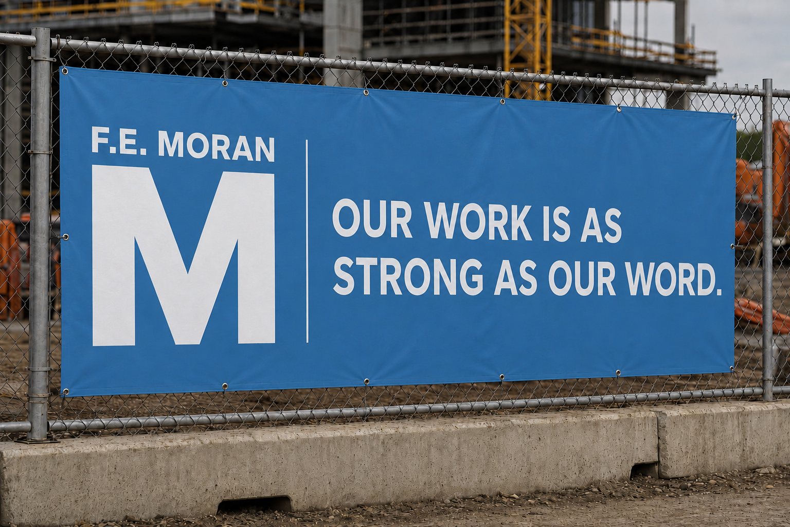 F.E. Moran fence banner — Our Work Is As Strong As Our Word