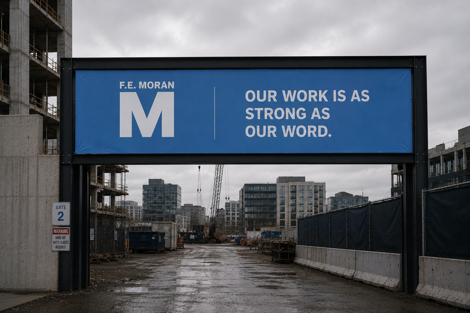 F.E. Moran gate sign — Our Work Is As Strong As Our Word