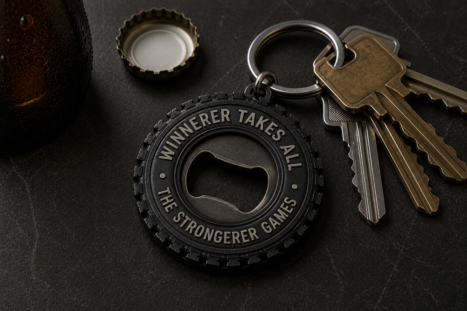 Strongerer Games keychain bottle opener — win-tier prize